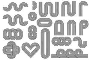 Abstract line pattern shapes. Retro geometric design elements with rainbow arches and wavy organic figures. Modern striped graphic for minimal poster. 70s aesthetic outline illustrations set vector
