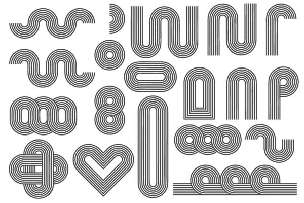 Abstract line pattern shapes. Retro geometric design elements with rainbow arches and wavy organic figures. Modern striped graphic for minimal poster. 70s aesthetic outline illustrations set