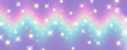 Rainbow wavy abstract background. Fantasy unicorn sky with stars. Purple holographic galaxy with glitter. Fairy wallpaper. vector