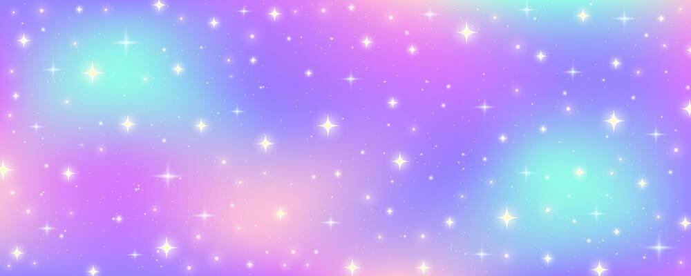 Rainbow pastel background. Unicorn sky with glittering sky. Candy galaxy with watercolor light texture. Girly cute magic wallpaper. Holographic abstract illustration.