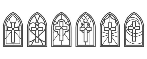 Church glass window with catholic cross. Gothic cathedral arch with pattern. Medieval stained frame on white background. Silhouette of vintage architecture outline illustrations vector