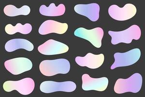 Abstract gradient shapes. Fluid blobs with liquid color gradation. Organic irregular watercolor elements. Amoeba iridescent holographic design on dark background. vector