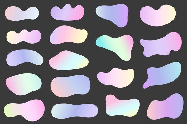 Abstract gradient shapes. Fluid blobs with liquid color gradation. Organic irregular watercolor elements. Amoeba iridescent holographic design on dark background.