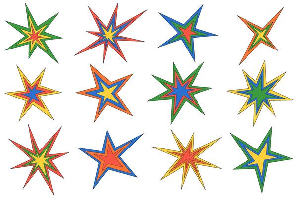 Star shapes icons. Abstract shiny irregular sparkles. Sharp burst graphic elements. Random Starlight twinkles figures. Geometric minimal cosmic symbols of explosion.