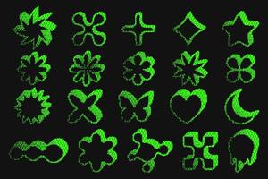 Bitmap pattern shapes. Heart star and flowers halftone gradient elements on dark background. Y2k graphic abstract icons. Dither noisy star with grunge texture. vector