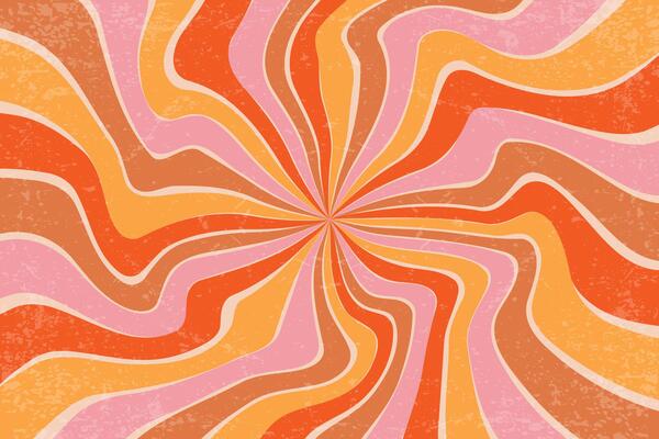 Retro sunburst textured background. Spiral groovy sun rays. Vintage swirl psychedelic radial wavy stripes. 70s twirl funky beams. Twist psychedelic curved wallpaper