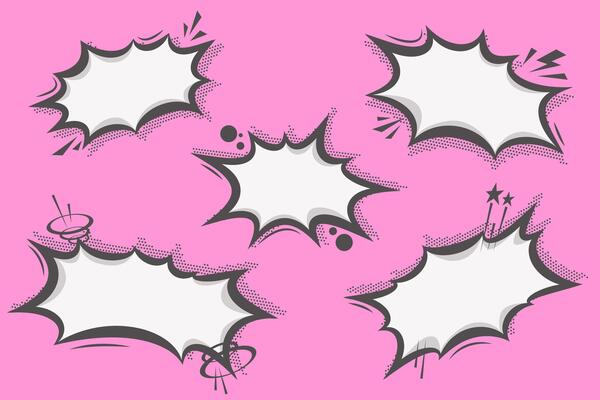 Manga speech bubble for text. Comic pop art frame with halftone dotted effect. Chat shape for shock shout and scream action messages. Irregular anime template.