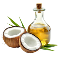 Coconut Oil with Halved Coconuts and Leaves png