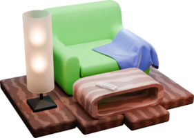 a blue banket on a green chair on the wood pattern floor. and next to it there is a lamp png