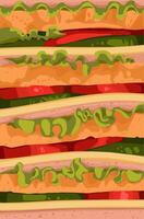 Delicious closed up flat design sandwich background bread vegetables and cheese bacon vector