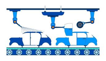Automotive assembly line 2D cartoon object. Auto factory. Robotics in automobile industry. Car production robotic arms isolated element flat clipart on white background. Spot illustration vector
