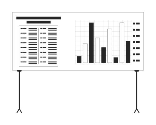 Presentation board with bar chart black and white 2D line object. Seminar data display. Corporate report. Performance metrics graph isolated clip art outline item. Monochrome spot illustration