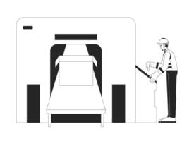 Hardhat worker operating industrial packaging machine black and white 2D line character. Engineer inspecting packing box conveyor system isolated outline person. Monochromatic spot illustration vector