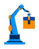 Robotic arm handling package 2D cartoon object. Factory automation in logistics, manufacturing. Box packaging machine isolated element flat clipart on white background. Spot illustration vector