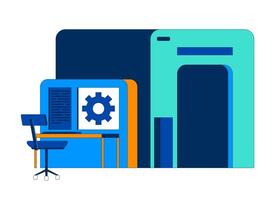 Industrial workstation with digital interface and machinery 2D cartoon object. Technical operations. Production technology isolated element flat clipart on white background. Spot illustration vector