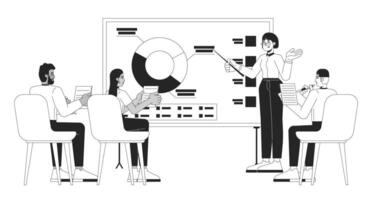 Office workers analytical meeting black and white 2D line characters. Whiteboard data presenter woman, diverse colleagues taking notes isolated outline people. Monochromatic spot illustration vector