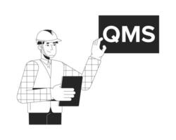 Hardhat worker explaining quality management system black and white 2D line character. Safety gear supervisor holding tablet, QMS sign isolated outline person. Monochromatic spot illustration vector