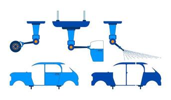 Automotive parts manufacturing 2D cartoon objects set. Car production. Vehicle assembly robotic arms isolated elements flat cliparts on white background. Spot illustrations collection vector