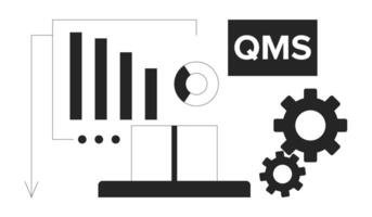 Quality management system with data visualization black and white 2D illustration concept. QMS, graphs, charts, gears and package outline composition isolated. Metaphor monochrome art vector