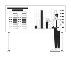 Male office worker analyzing bar chart presentation board black and white 2D line character. Caucasian employee analyst corporate report isolated outline person. Monochromatic spot illustration vector