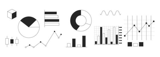 Data visualization charts black and white 2D line objects set. Piechart, bar graphs, scatter plots. Analysis diagrams isolated clip arts outline items collection. Monochrome spot illustrations vector