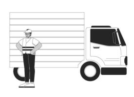 Logistic worker with delivery truck black and white 2D line character. Supply chain management. Hardhat arab man in safety jacket isolated outline person. Monochromatic spot illustration vector