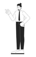 Confident suit tie business man gesture pointing finger black and white 2D line character. Caucasian boss aiming finger gun cheerful isolated outline person. Monochromatic spot illustration vector