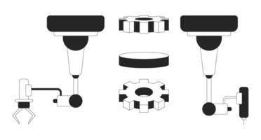 Robotic arms and gears black and white 2D line objects set. Manufacturing industrial parts, automation systems, cogs isolated clip arts outline items collection. Monochrome spot illustrations vector
