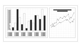 Bar chart and line graph on dashboard black and white 2D line object. Data analysis, comparison metrics on grid. Statistical report isolated clip art outline item. Monochrome spot illustration vector