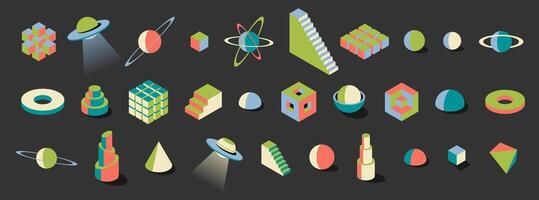 Neo brutalist vibrant abstract 3D forms with retro aesthetic. Includes cubes, planets and UFO shapes. Perfect for creating modern posters, trendy wall art or colorful design templates vector