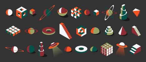 Vibrant Y2K isometric shapes in retro brutalist style. Includes 3D cubes, planets, spheres and UFOs. Colorful geometric designs for modern posters, creative templates and bold wall art vector