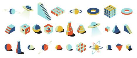 Set of bold isometric 3D forms in retro brutalist style. Colorful geometric shapes like planets, UFOs and spheres. Ideal for vibrant posters, cards, modern wall art or creative design projects vector