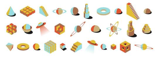 Collection of 3D abstract shapes with bright colors. Retro style spheres, cubes, UFOs and planets in brutalist aesthetic. Ideal for posters, cards and bold creative wall art or templates vector