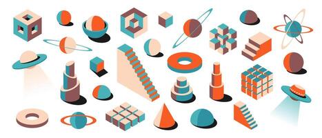 Abstract retro psychedelic 3D shapes collection with vibrant colors. Planets, UFOs, cubes and spheres in vintage brutalist style. Perfect for posters, wall art or creative design templates vector