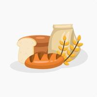 Bread made of wheat, wrapped in paper, and wheat grain elements with stalks, isolated on white background. Wheat bread illustration icon. vector