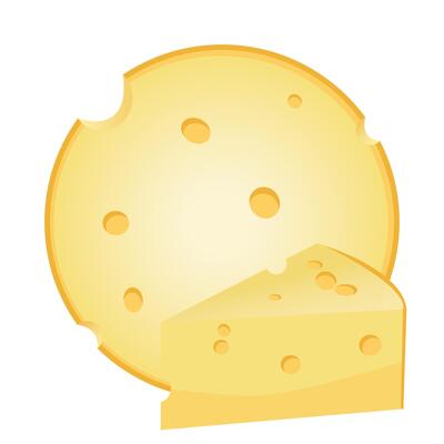 Cheese wheel and triangular shape cut piece from a large cheese head, isolated on white.