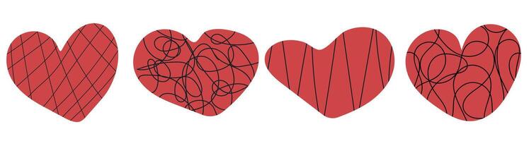 Collection of hand drawn red hearts with curvy line textures. Valentine's day creative elements. icons for romantic design. Symbol of love. vector