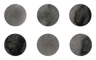 Abstract circle patches with grunge texture, each isolated on white background. Grayish or dark brown watercolor spots. vector