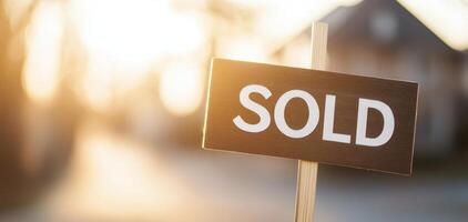 Sold sign with sleek typography against blurred background, symbolizing successful real estate transactions and new beginnings. warm sunlight adds hopeful touch photo