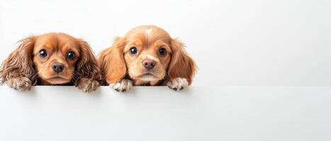 Cute dogs peeking over white surface, showcasing their playful expressions and fluffy fur. Their curious eyes and adorable features create heartwarming scene photo