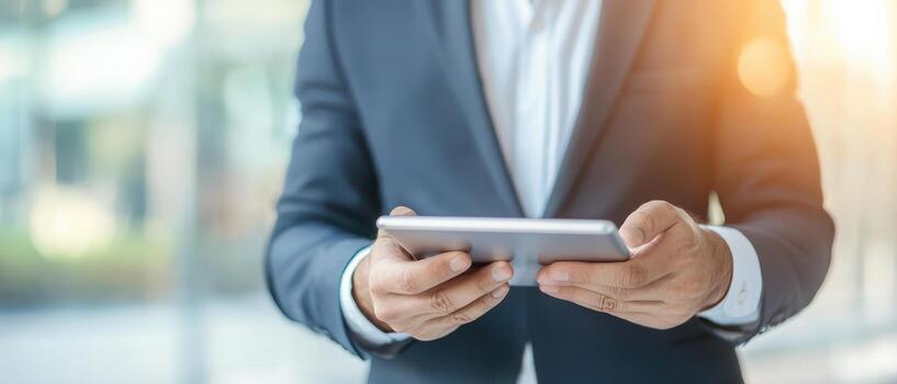 businessman using tablet in modern office setting, showcasing technology and professionalism. warm light adds positive atmosphere to scene photo