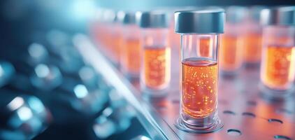 row of test tubes filled with vibrant orange liquids, showcasing futuristic laboratory setting. glowing colors create intriguing atmosphere of scientific exploration photo