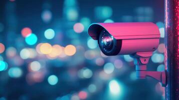 close up of surveillance camera mounted on pole, capturing vibrant city lights in background. camera design is modern and sleek, enhancing security photo
