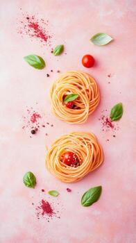 Delicious spaghetti with rich tomato sauce, fresh basil, and cherry tomatoes, beautifully arranged on pink background, creating vibrant and appetizing presentation photo