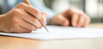 person writing on document with pen, showcasing focus and concentration in business setting. hands are positioned on wooden table, emphasizing professionalism and attention to detail photo