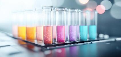row of test tubes filled with vibrant liquids futuristic lab setup, showcasing colorful solutions and professional camera photography style. image evokes sense of innovation and experimentation photo