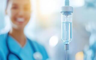 close up of IV drip in medical setting, with healthcare professional smiling in background. image conveys sense of care and professionalism in healthcare photo