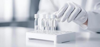 Laboratory hand placing test tubes in rack, showcasing high tech drug development. scene reflects precision and innovation in scientific research photo