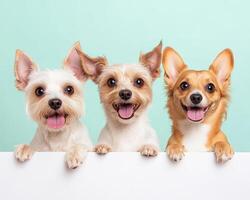 Happy dogs posing together with playful expressions against light background. Their joyful demeanor brings sense of fun and warmth to image photo
