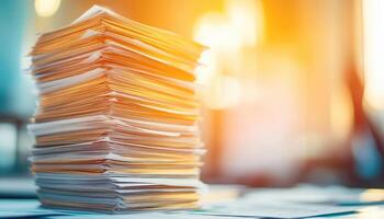 stack of unpaid invoices on cluttered desk, symbolizing financial stress and disorganization. warm light adds sense of urgency to scene photo